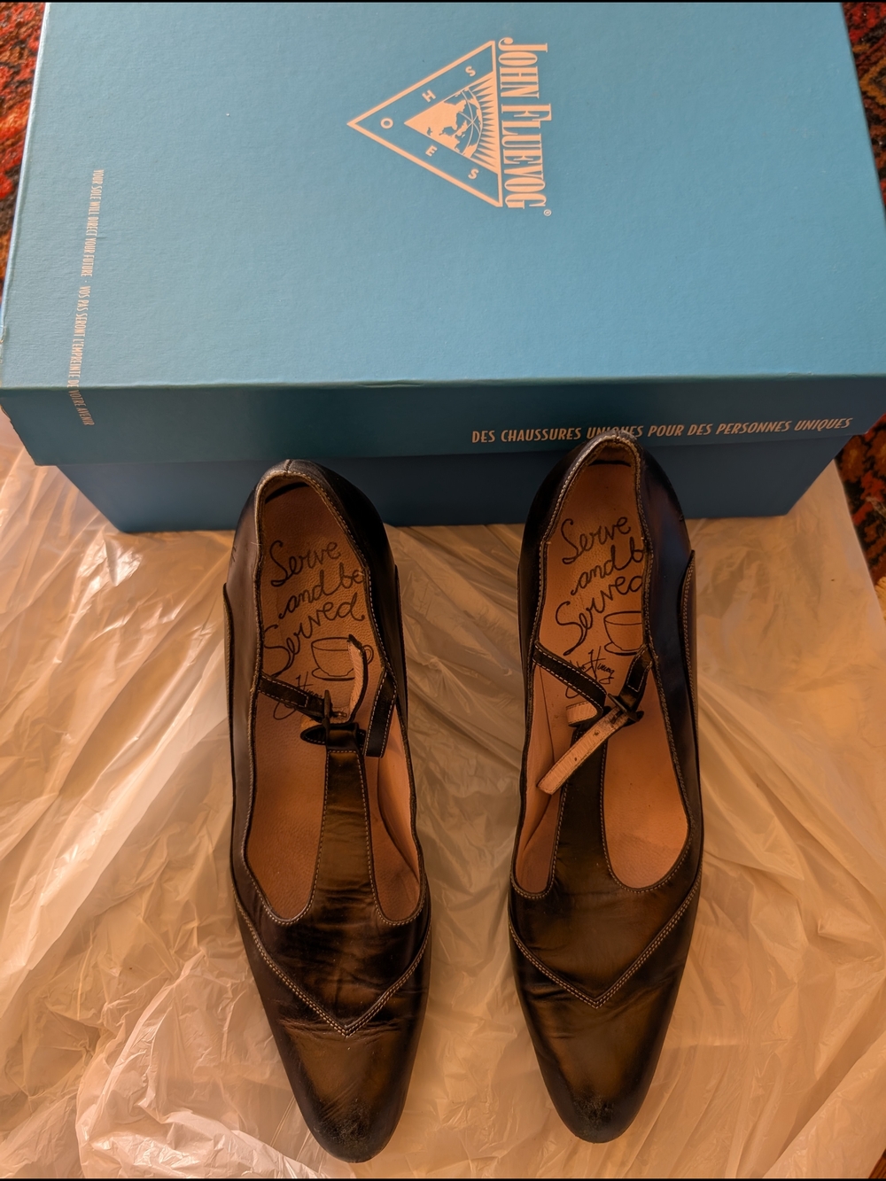 John Fluevog Black Leather T-Strap Heels